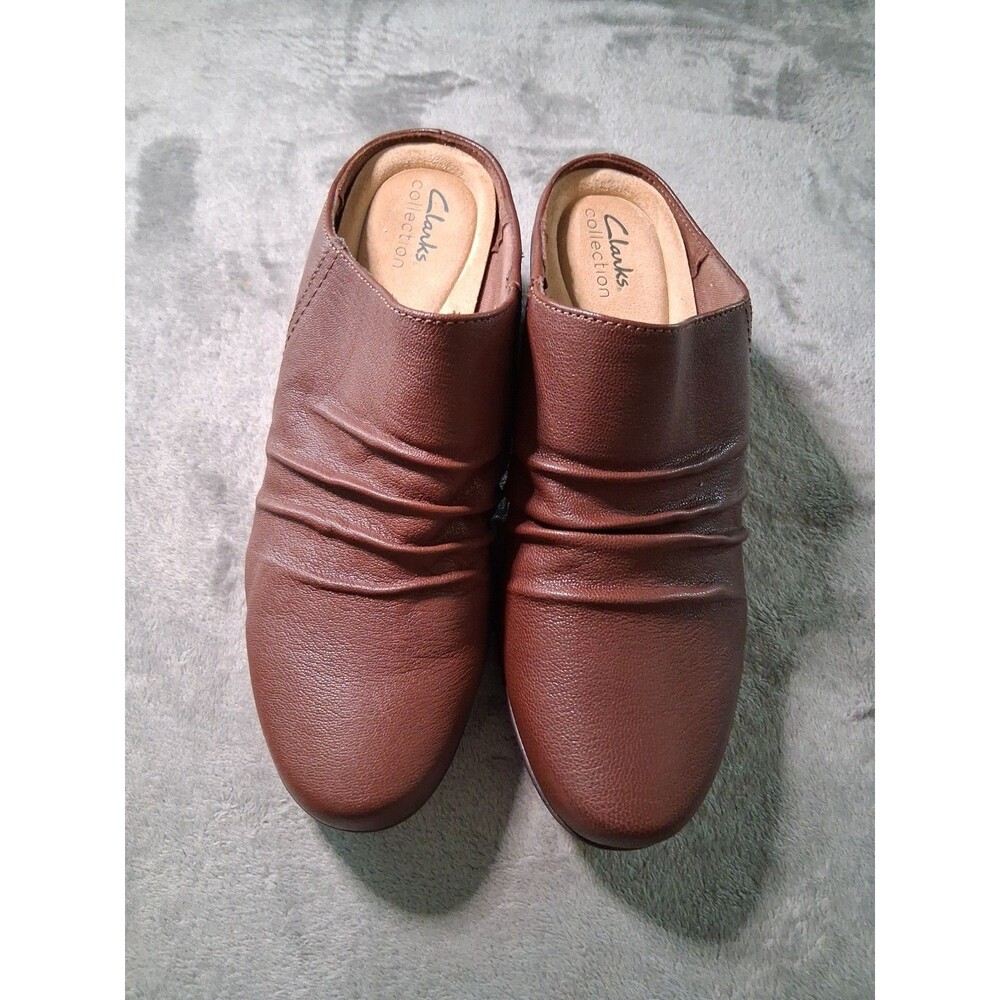 Clarks Collection Ruched Leather Heeled Mules Emily Charm Dark Tan Size 8.5